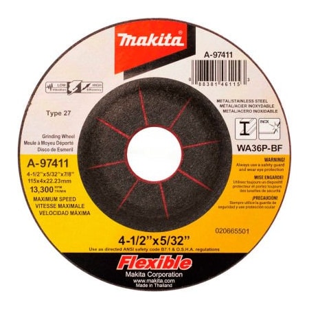 Makita Makita INOX Flex Grinding Wheel, 36 Grit, Type 27, 4-1/2inDia x 5/32in x 7/8in Cntr HoleDia-25/Pk A-97411-25